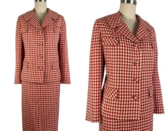 Vintage 1960s Red and White Wool Gingham Suit by Lucille De Gruccio Size M