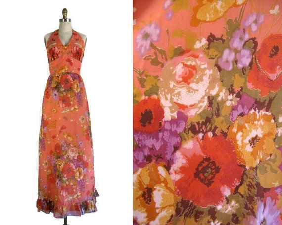 Vintage 1970s Peach Floral Halter Maxi Dress by L… - image 1