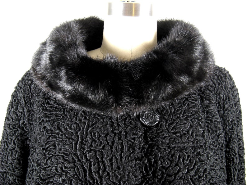 Vintage 1950s Black Astrakhan Fur Coat with Black Rolled Mink Collar Size M