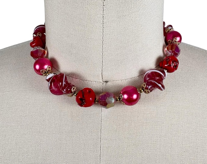 Vintage 1960's Red and Pink Aurora Borealis Glass Beaded Necklace by CORO