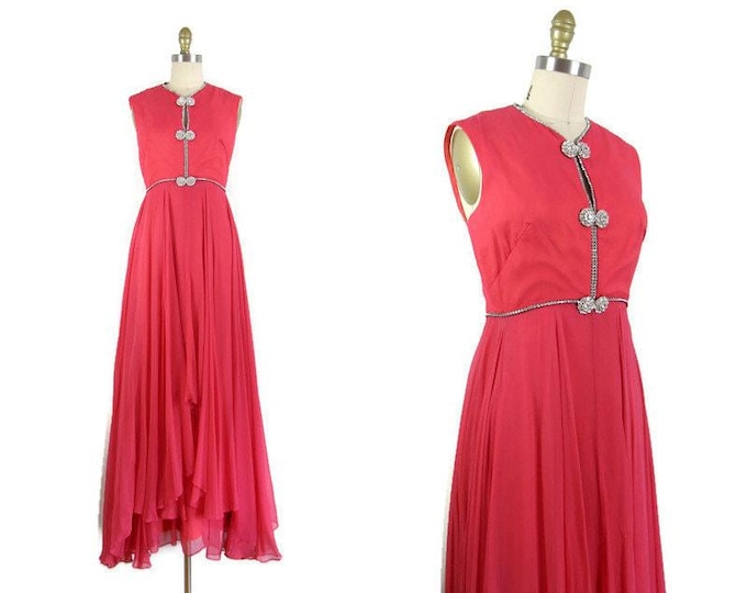 Vintage 1960s Shocking Pink Silk Chiffon Gown with Rhinestone Trim Size S