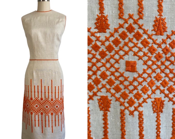 Vintage 1960s Ecru Linen Sheath Dress w/ Orange Cross Stitch Embroidery | Size M