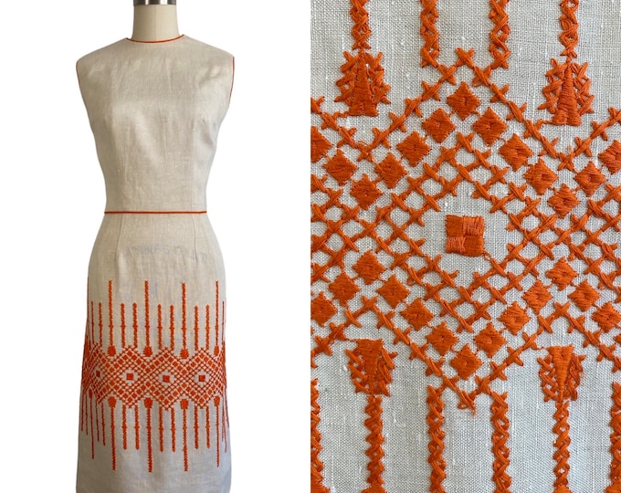 Vintage 1960s Ecru Linen Sheath Dress w/ Orange Cross Stitch Embroidery | Size M