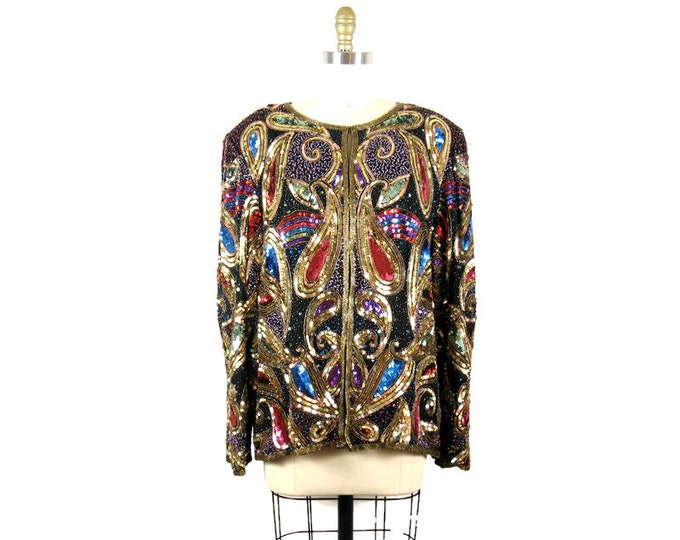 Vintage 1980s Heavily Sequined Beaded Paisley Jacket by Laurence Kazar Size L