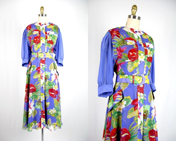 Vintage 1980s Purple Floral Chiffon Dress 80s Chif