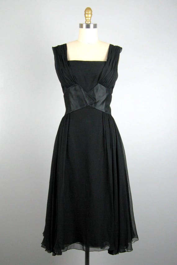 Vintage 1950s Black Silk Chiffon Dress 50s Glamor… - image 2