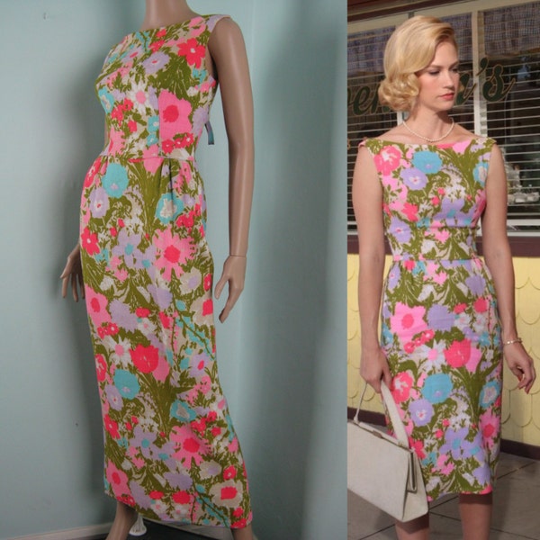 Vintage 1960s Floral Linen Dress 60s Long Spring Dress as Seen On Betty Draper Madmen Size 4 S Small