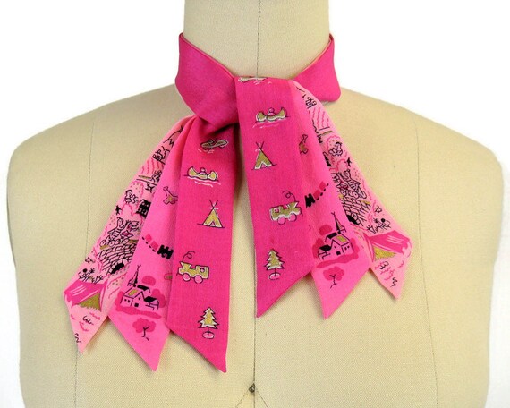 Vintage 40s/50s Pink Silk Hand Painted Ascot Scarf