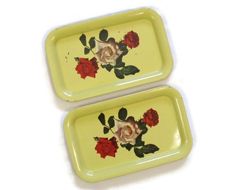 Vintage 1940s 1950s Yellow Metal Photo Print Rose Motif Tea Trays Set/2