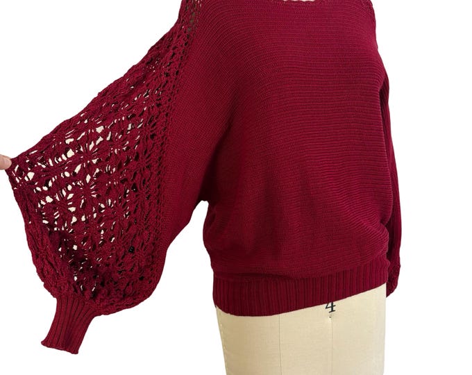 Vintage 1970's Maroon Cotton Slouchy Sweater with Crochet Balloon Sleeves by Flair | Size M