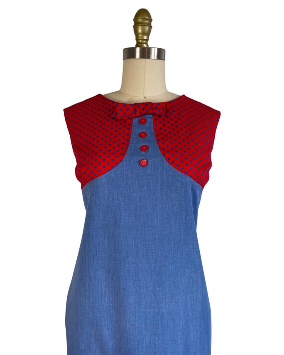 Vintage 1960s Blue and Red Polka Dot Shift Dress … - image 4