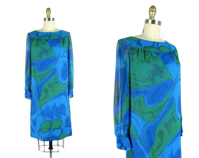 Vintage 1960s Blue & Green Printed Chiffon Cocktail Dress Size S