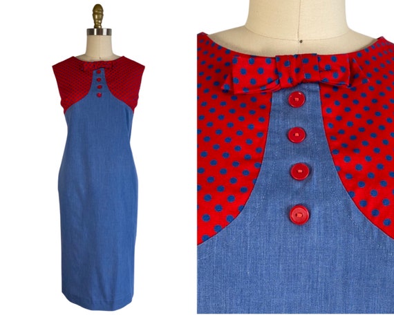 Vintage 1960s Blue and Red Polka Dot Shift Dress … - image 1