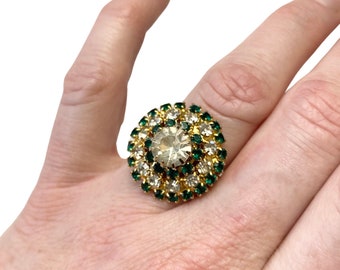 Vintage 1960s Round Green and Clear Rhinestone Adjustable Cocktail Ring