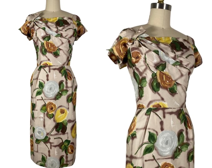 Vintage 1950s Cotton Sateen Floral Sheath Dress in Green Yellow and Ecru Rose Print | Size M