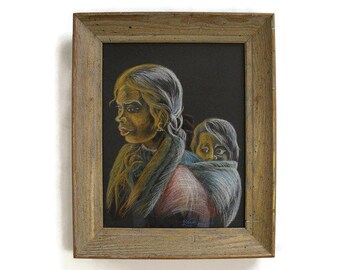 Vintage 1960's Original Folk Art Charcoal Pastel by Raquel | Mexico