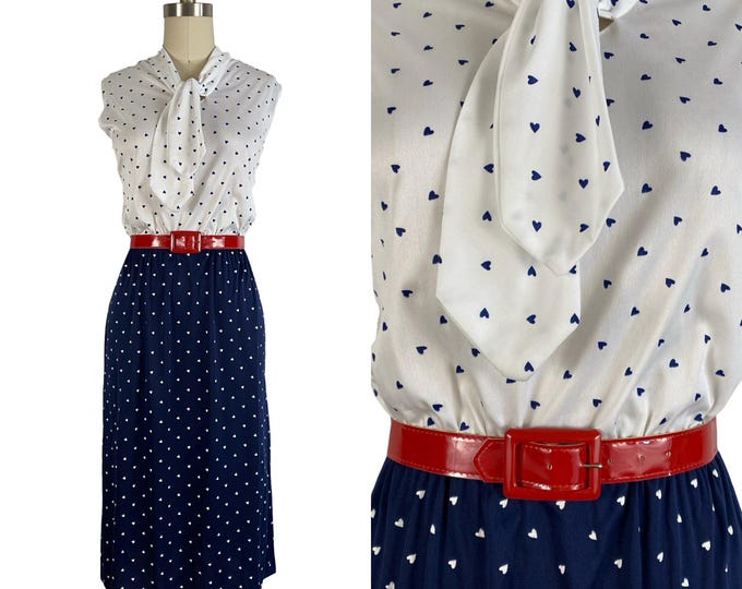 Vintage 70s Heart Print Dress: Navy & White Poly Knit with Red Belt - M/L