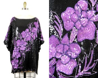 Vintage 1980s Black and Purple Floral Sequin Blouse Size L