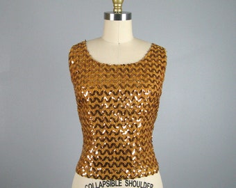 Vintage 1960s Gold Sequin Shell Top 60s Sparkling Sleeveless Evening Blouse Size Small