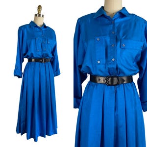 Vintage 1980's Cerulean Blue Silky Shirtwaist Dress by Leslie Fay | Size M/L
