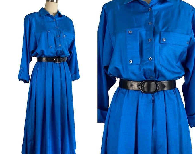 Vintage 1980's Cerulean Blue Silky Shirtwaist Dress by Leslie Fay | Size M/L
