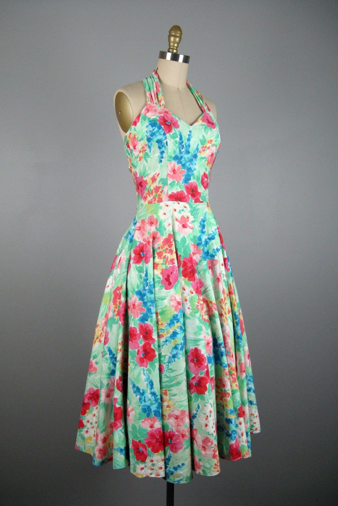 Vintage 1980s Floral Cotton Sundress 80s Halter Pinup Dress by | Etsy