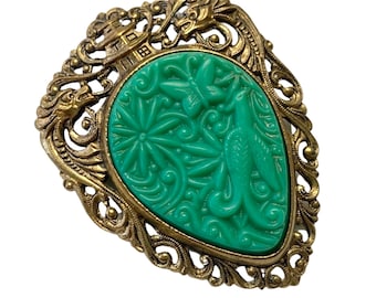 Vintage 70s 1970s Art Deco Style Brooch/Pendant Green Resin in Rapousse Filigree Gold Tone Metal