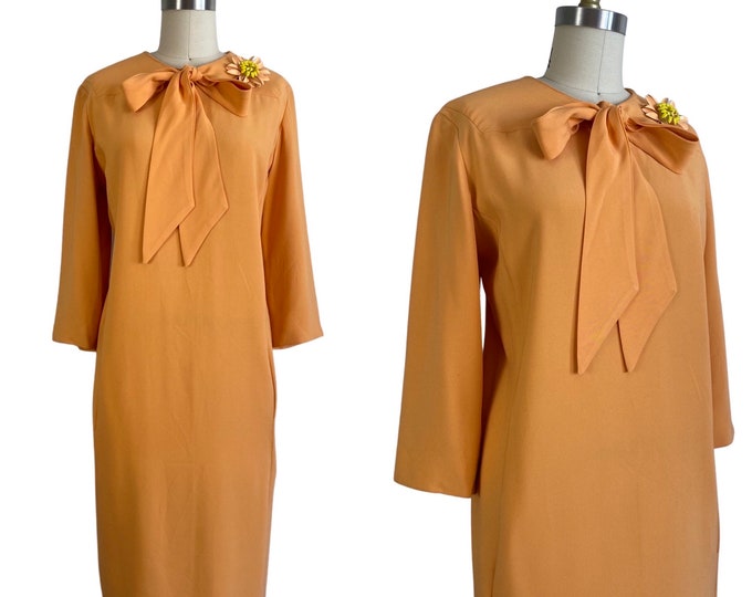 Vintage 1960s Apricot Silk Sheath Dress with Ascot Tie Bow | Size L