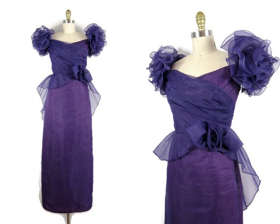 Vintage 1980s Purple Organza Formal Dress with Ruf