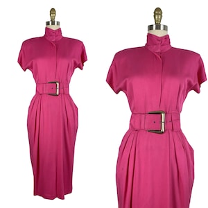 Vintage 1980&#39;s Hot Pink Rayon Power Dress with Belt by Rabbit Designs | Size S
