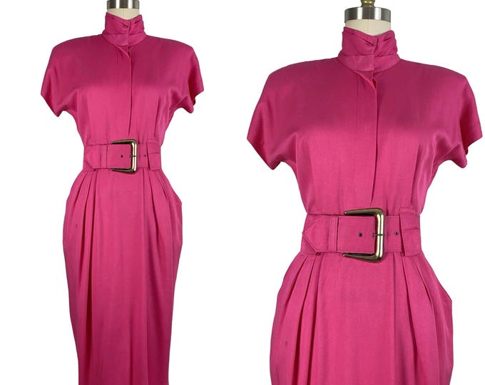 Vintage 1980's Hot Pink Rayon Power Dress with Belt by Rabbit Designs | Size S
