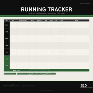 May include: A digital running tracker template with a black and green design. The title "RUNNING TRACKER" is at the top. The template includes sections for workout details, weekly logs, and a race calendar. The price is $10.
