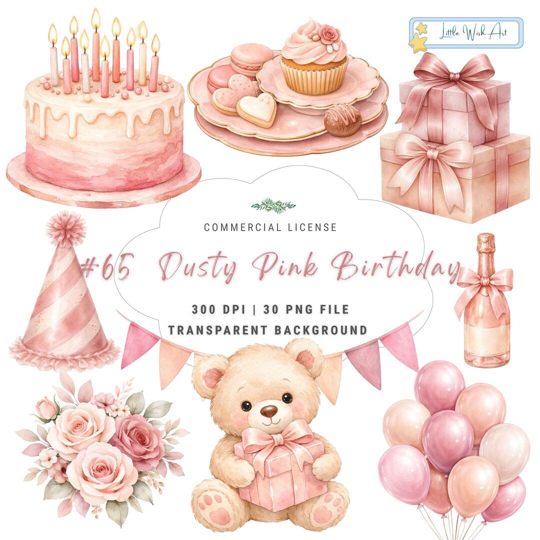 Blush Pink Birthday Clipart Bundle – 30 Watercolor Cake Balloons Gifts ...