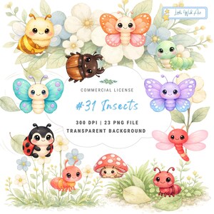 May include: A watercolour illustration featuring a collection of adorable insects: a bee, butterfly, beetle, caterpillar, ladybug, ant, mushroom, and dragonfly. The image includes the text "#31 Insects".