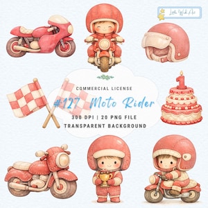 May include: A collection of watercolour illustrations featuring motorcycles, a helmet, a checkered flag, a birthday cake, and a child in a racing suit. The text reads "#127 Moto Rider" and "Commercial License". The images are in red and beige.