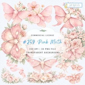 May include: A digital illustration set featuring multiple pink moths and floral arrangements. Text includes Little Wish Art, Commercial License, #259 Pink Moth, 300 DPI, 30 PNG File, and Transparent Background. The artwork displays soft pink hues.