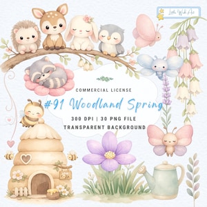 Woodland Watercolor Clipart, Baby Animals, Floral Elements, Pastel Nursery Design (30 PNG Files)