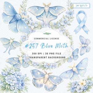 May include: A digital collection of watercolour-style blue moths and light blue floral arrangements. The central text reads: COMMERCIAL LICENSE #257 Blue Moth 300 DPI | 30 PNG FILE TRANSPARENT BACKGROUND. Includes a blue awareness ribbon.