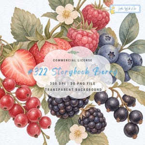 Op de afbeelding: Een aquarelillustratie met een verzameling bessen, waaronder rode aardbeien, frambozen, bramen en zwarte bessen met groene bladeren en witte bloemen. De tekst luidt: COMMERCIAL LICENSE #322 Storybook Berry 300 DPI | 30 PNG FILE TRANSPARENT BACKGROUND.