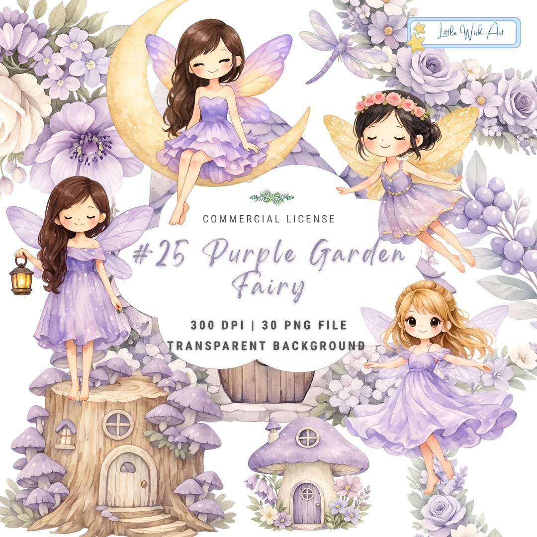Dusty Lavender Fairy Clipart – Watercolor Florals, Butterflies, Garden ...