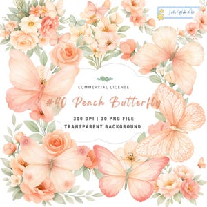 Puede incluir: Ilustración en acuarela con mariposas y flores de color melocotón. El diseño incluye rosas, mariposas y vegetación, con el texto "#40 Peach Butterfly" y "Commercial License". La imagen es un archivo PNG de 300 DPI, 30 con fondo transparente.
