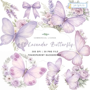 Puede incluir: Ilustración en acuarela con mariposas de lavanda, flores y un lazo. La imagen incluye el texto "#41 Lavender Butterfly" y detalles del archivo. La paleta de colores es suave, con tonos de morado y blanco.