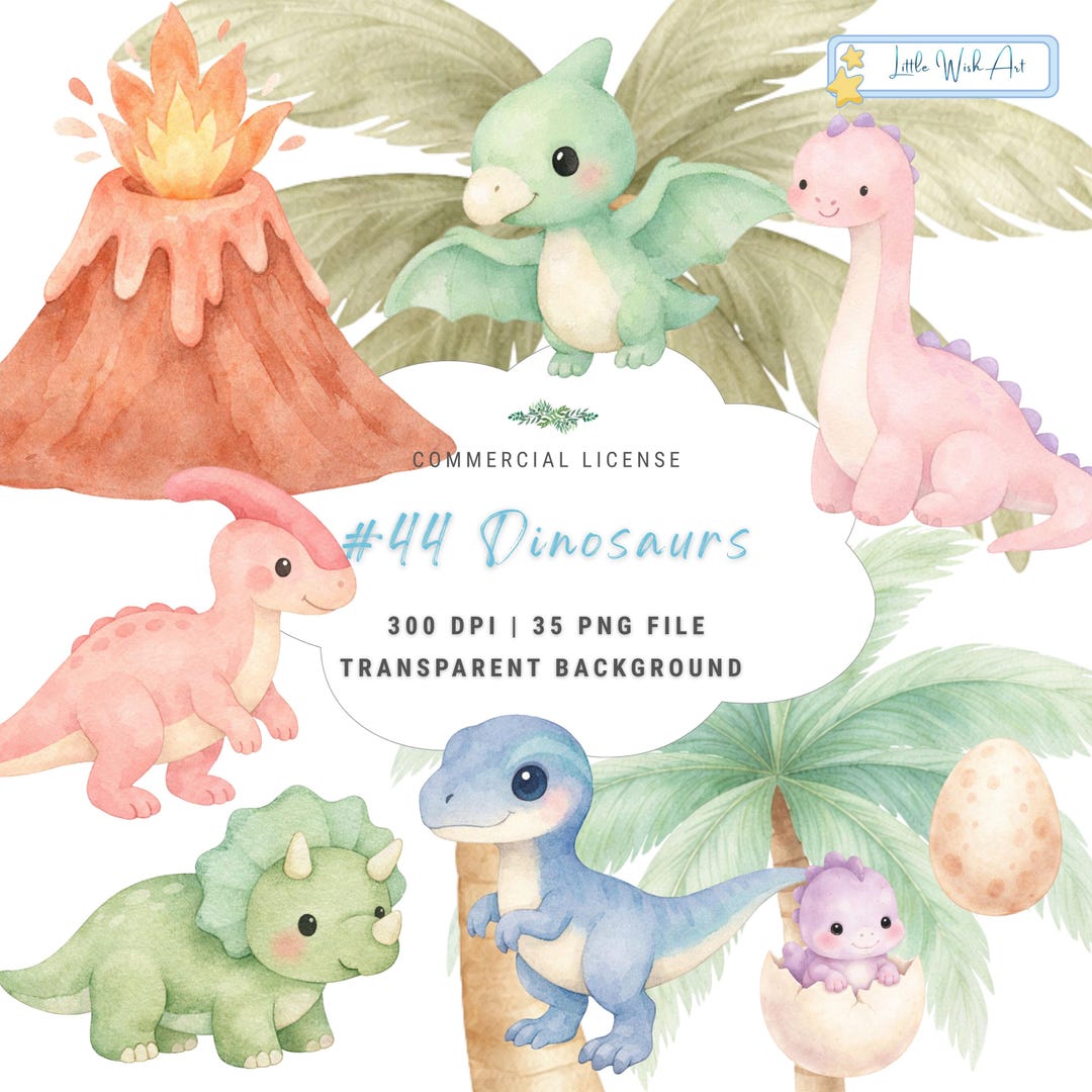 Pastel Watercolor Dinosaur Clipart Bundle – Baby Dinos, Trees ...