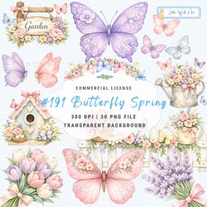 Può includere: Una collezione digitale di illustrazioni ad acquerello con farfalle, composizioni floreali, una casetta per uccelli, un cartello da giardino e annaffiatoi. Il testo include "Little Wish Art", "COMMERCIAL LICENSE", "#191 Butterfly Spring", "300 DPI", "30 PNG FILE" e "TRANSPARENT BACKGROUND".
