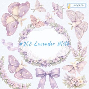 May include: A digital illustration set featuring lavender moths, floral wreaths, and a bow. The central cloud-shaped frame contains the text #258 Lavender Moth. The artwork includes various moth species, sprigs of lavender, and soft purple flowers.