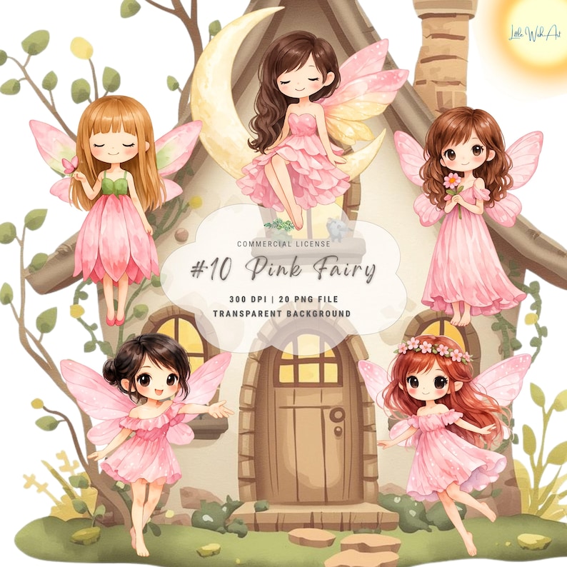 Pink Fairy Clipart Bundle – Whimsical Watercolor Girls, Pastel Wings ...