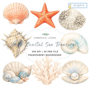 May include: Watercolor illustration of various coastal sea treasures, including seashells, a starfish, and coral. The image features a variety of shapes, colors, and textures, with the text "Coastal Sea Treasures" and other details.