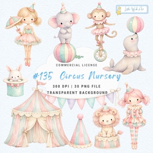 Puede incluir: Ilustración en acuarela de un conjunto de guardería con temática de circo. La imagen presenta una carpa de circo, animales y artistas, incluyendo un elefante, un mono, una foca y un león. El texto "#135 Circus Nursery" es visible. La paleta de colores incluye rosa pastel, azul y verde.