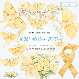 May include: A digital collection of yellow moth illustrations and yellow floral arrangements. The image includes text reading "Little Wish Art", "COMMERCIAL LICENSE", "#261 Yellow Moth", "300 DPI | 30 PNG FILE", and "RANSPARENT BACKGROUND".