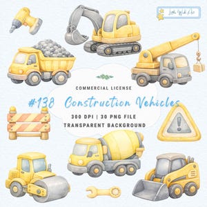 Puede incluir: Ilustración en acuarela de varios vehículos de construcción, incluyendo un taladro, una excavadora, un camión volquete, una grúa, una barrera de carretera, una hormigonera, un rodillo compactador, una llave inglesa y una cargadora compacta. El texto dice "#138 Construction Vehicles".